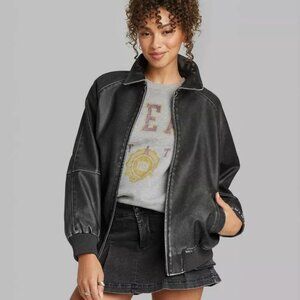 NWT Wild Fable Distressed Faux Leather Bomber Jacket Size Medium
